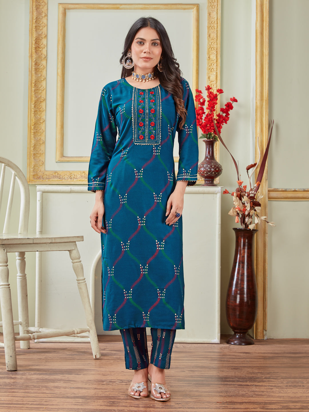 Embroidered Navy Blue Rayon Kurta Sets For Women