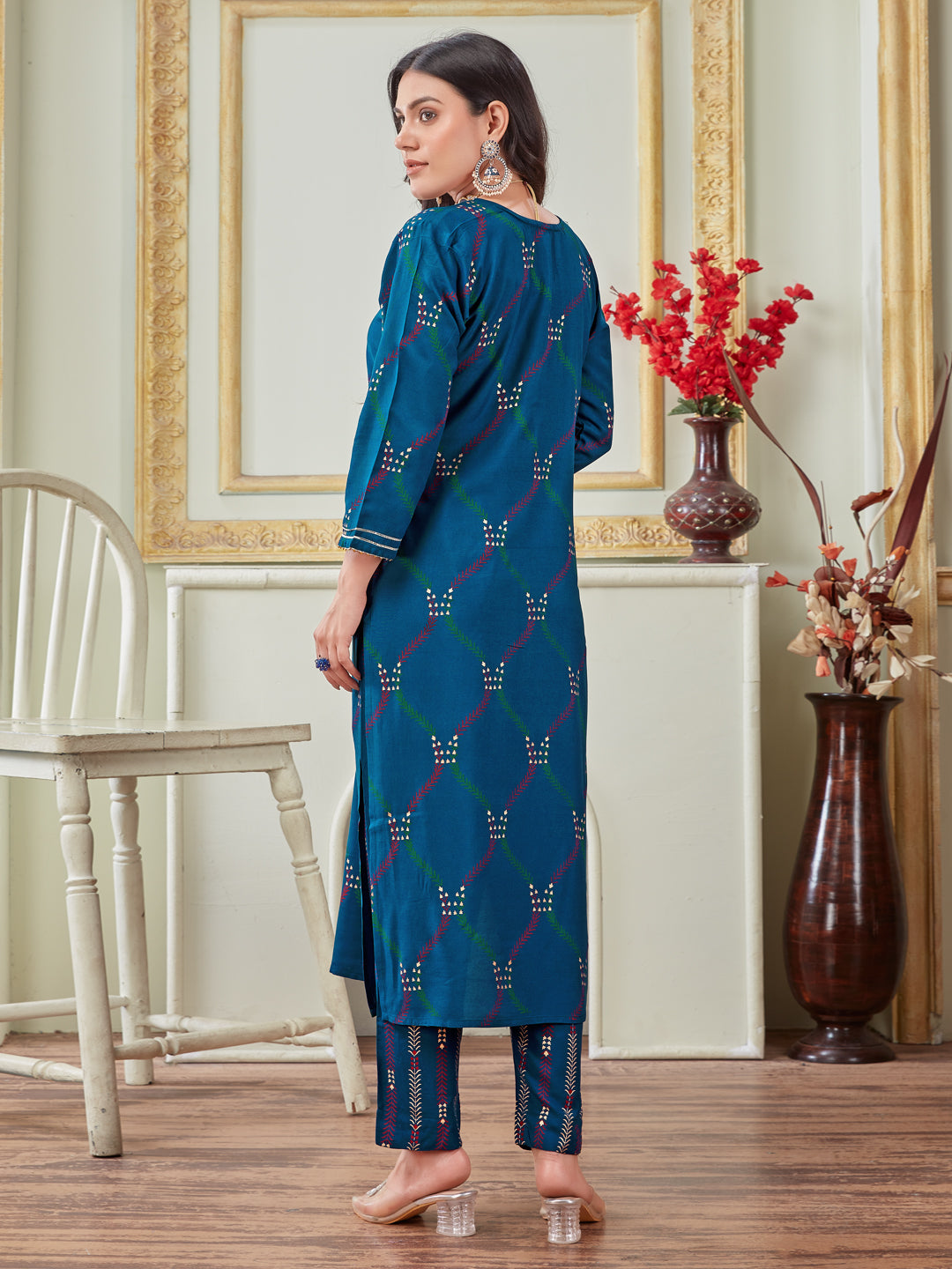 Embroidered Navy Blue Rayon Kurta Sets For Women