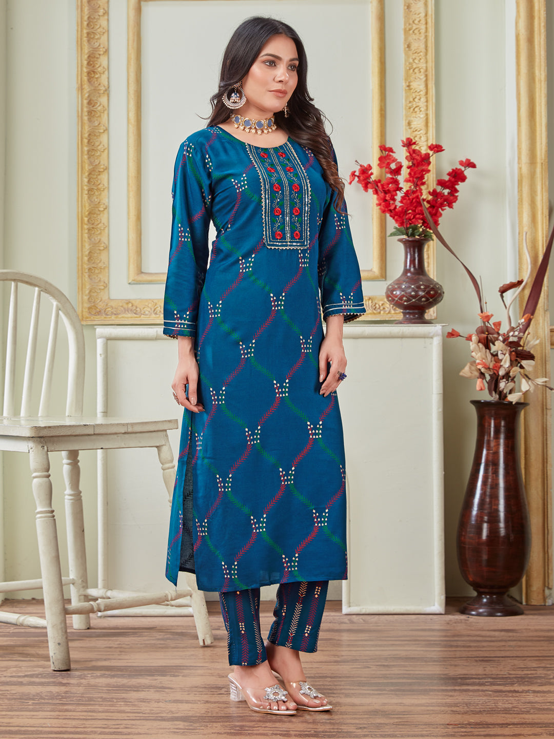 Embroidered Navy Blue Rayon Kurta Sets For Women