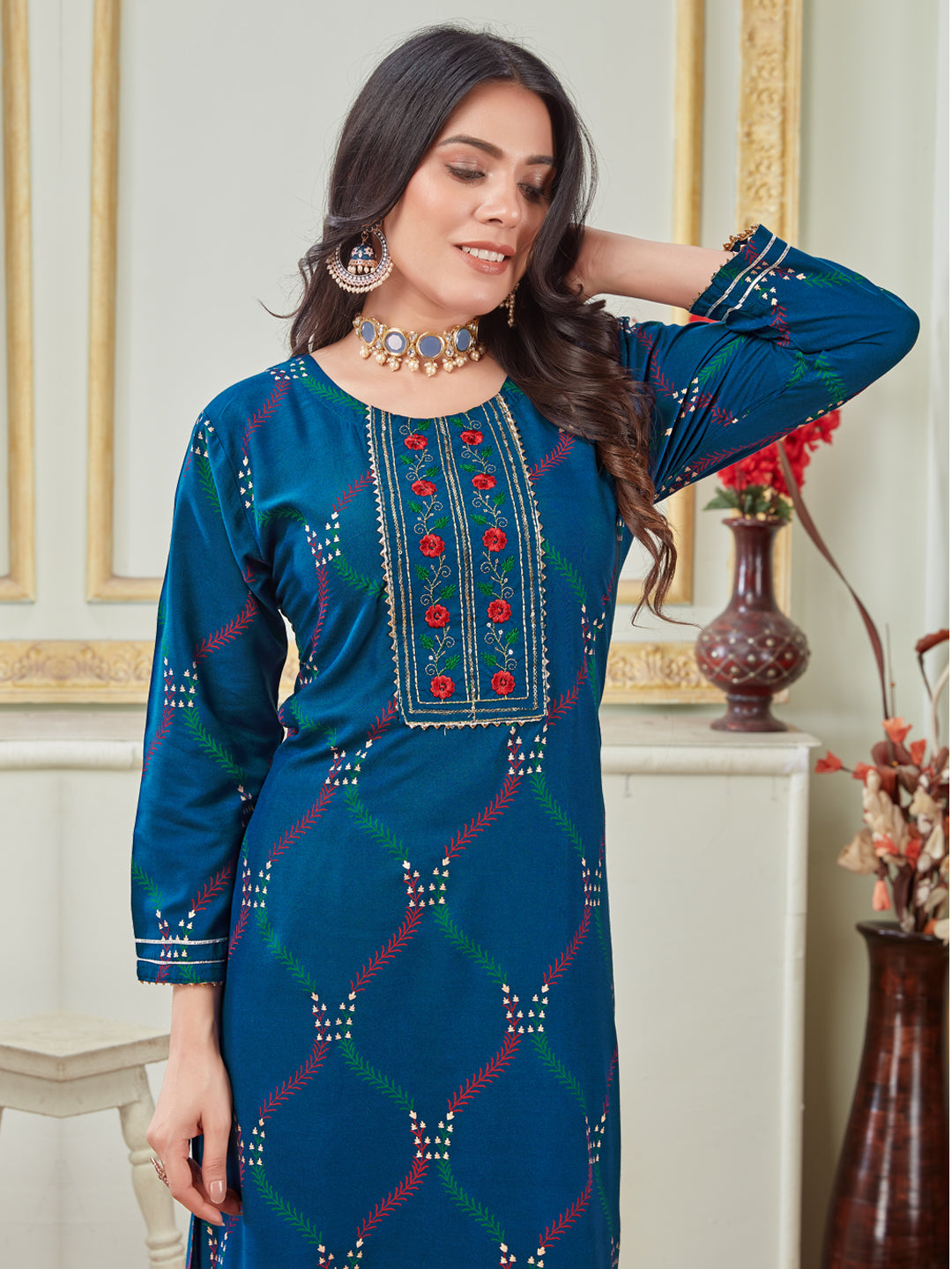 Embroidered Navy Blue Rayon Kurta Sets For Women