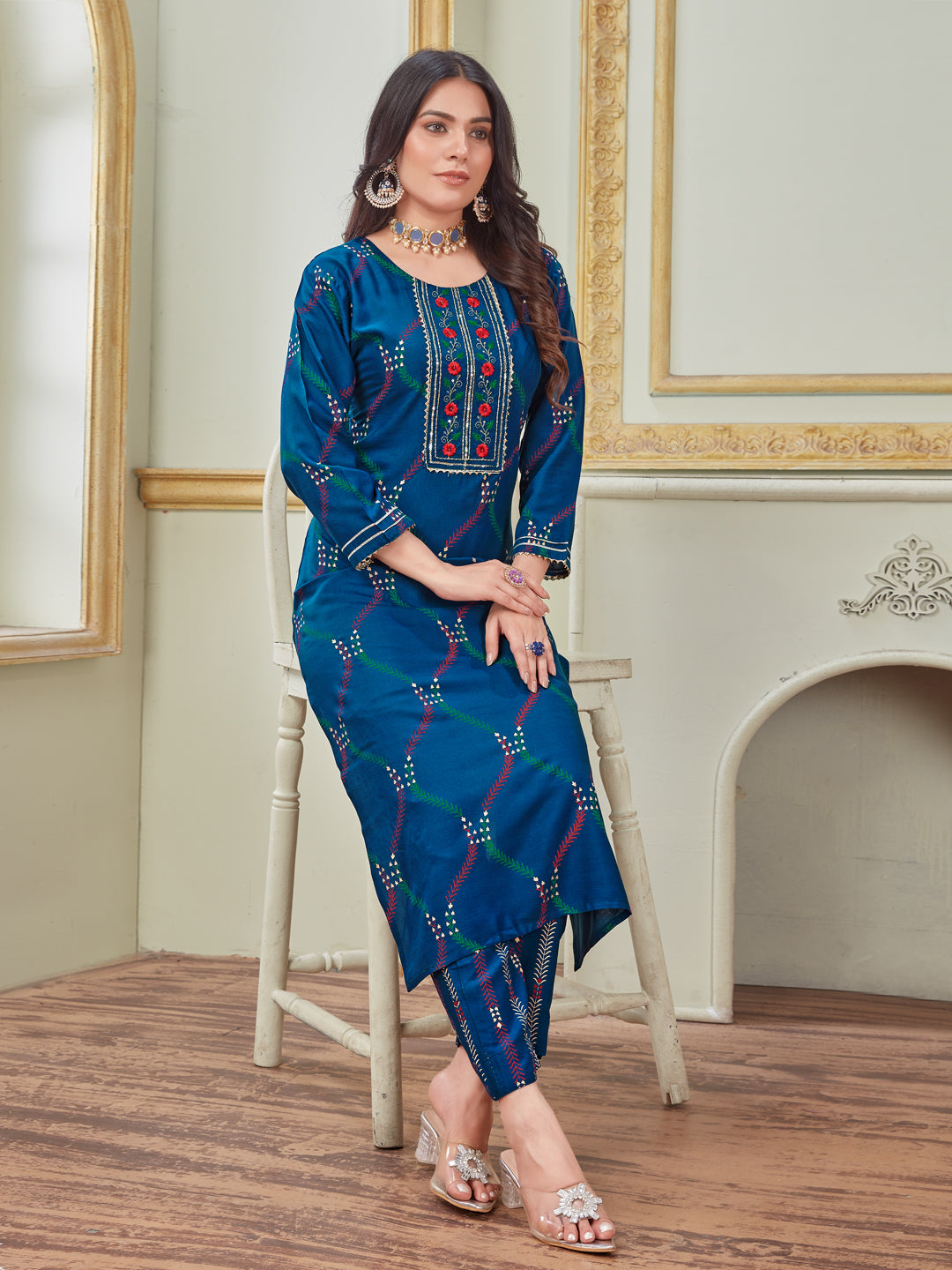 Embroidered Navy Blue Rayon Kurta Sets For Women