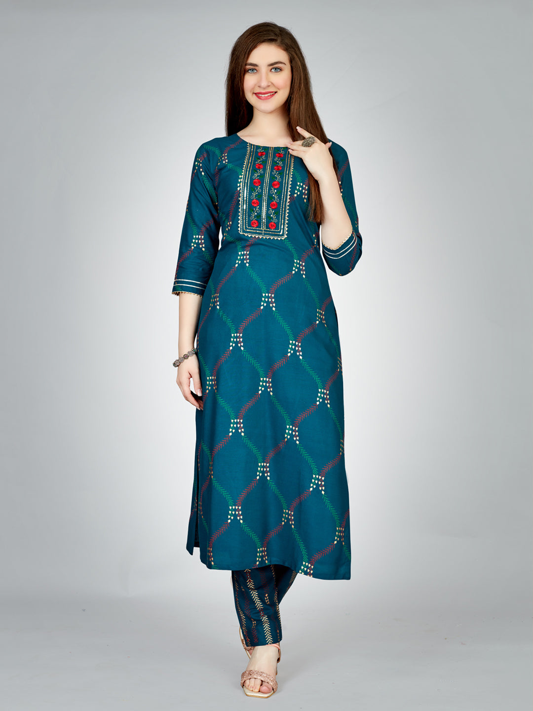 Embroidered Navy Blue Rayon Kurti Pant Sets For Women