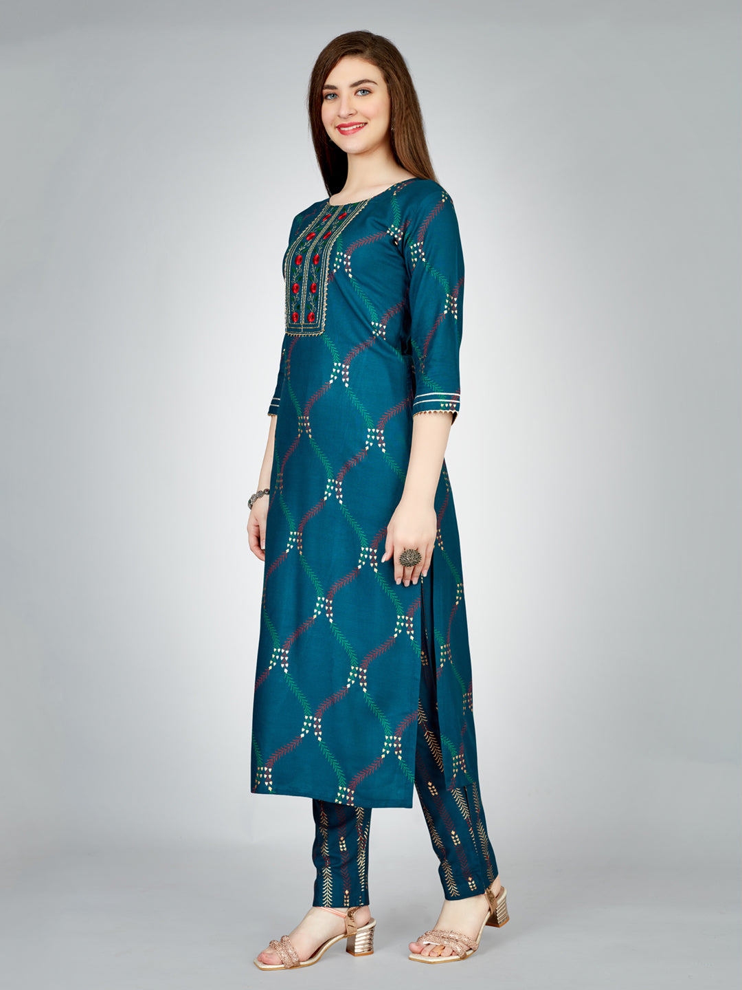 Embroidered Navy Blue Rayon Kurti Pant Sets For Women