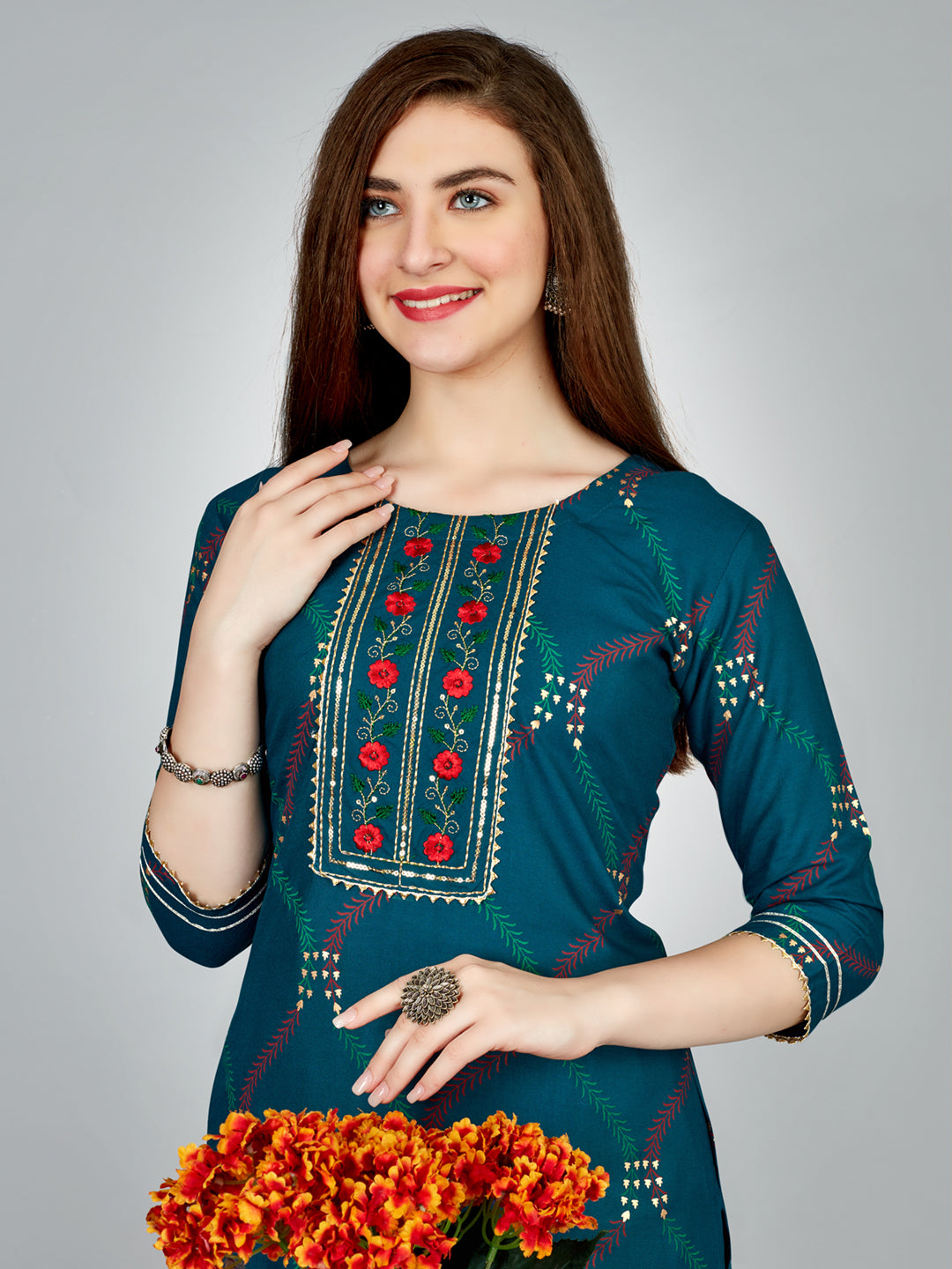 Embroidered Navy Blue Rayon Kurti Pant Sets For Women