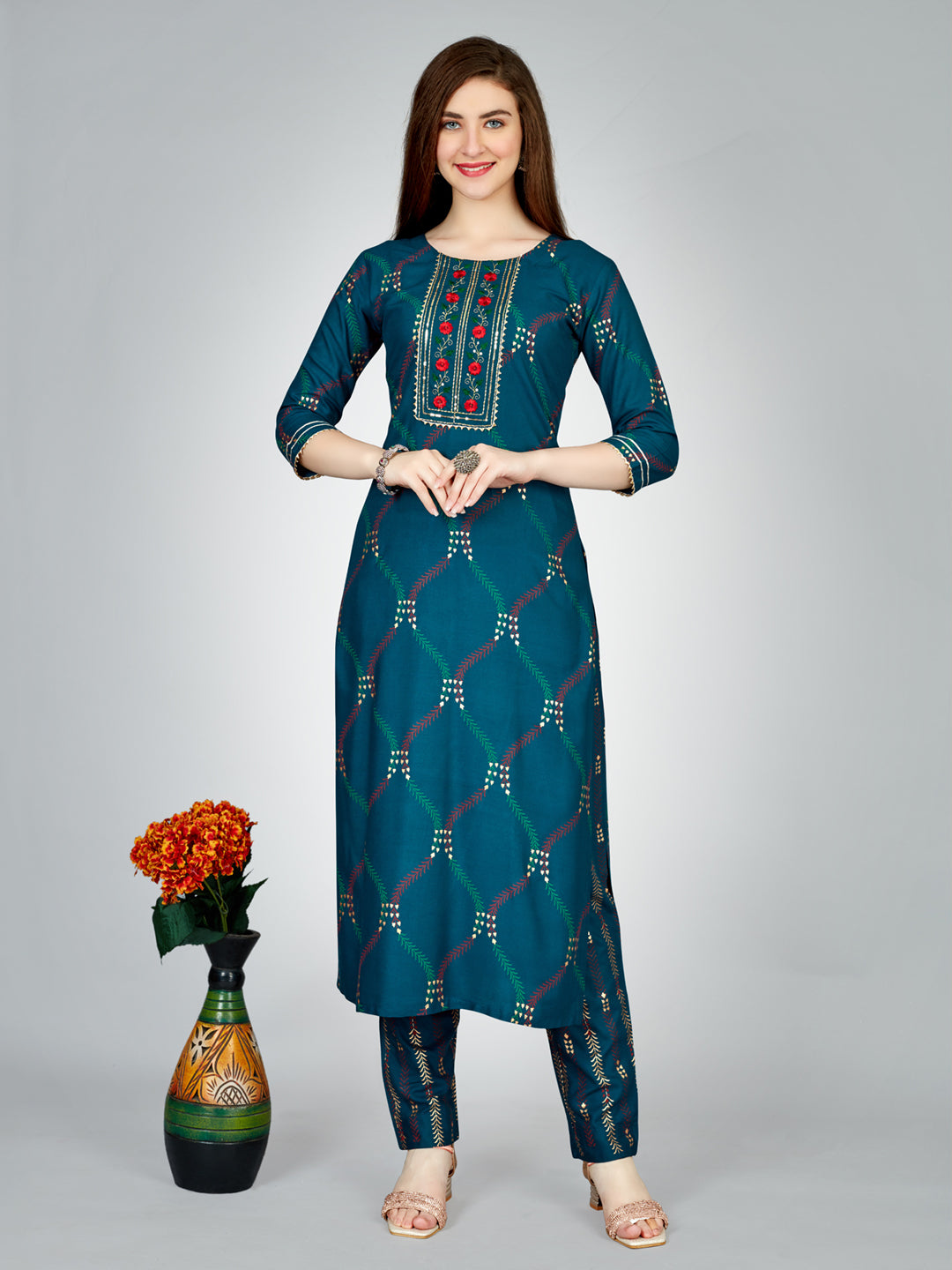 Embroidered Navy Blue Rayon Kurti Pant Sets For Women