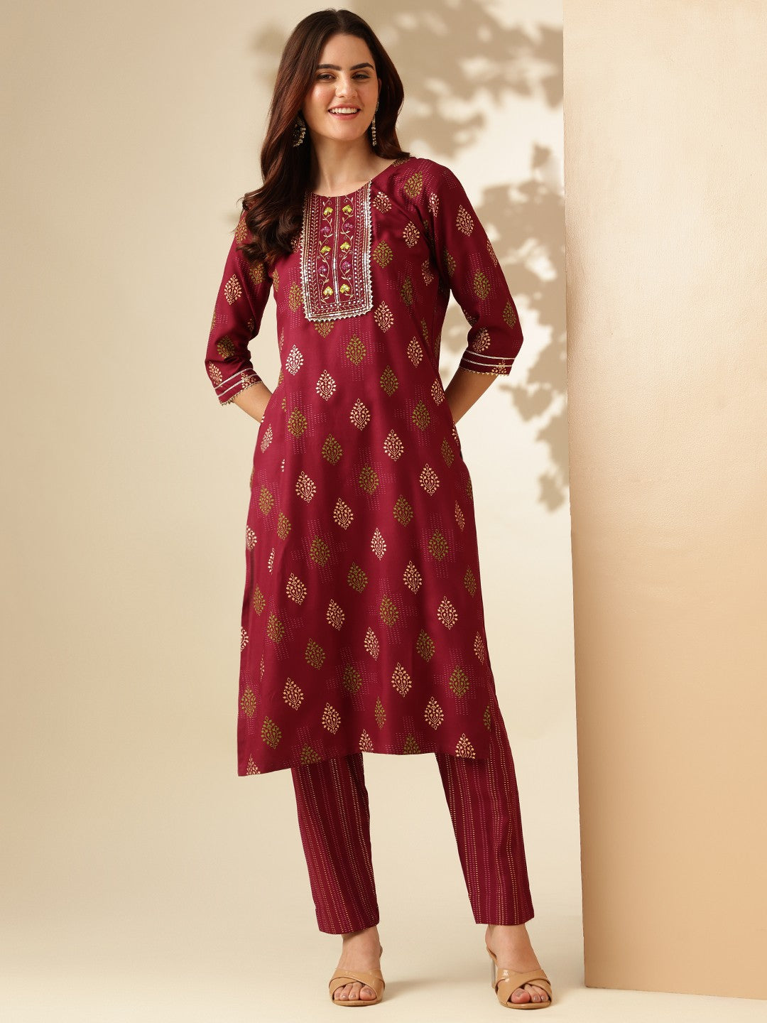 Embroidered Purple Rayon Kurta Pant Sets For Women