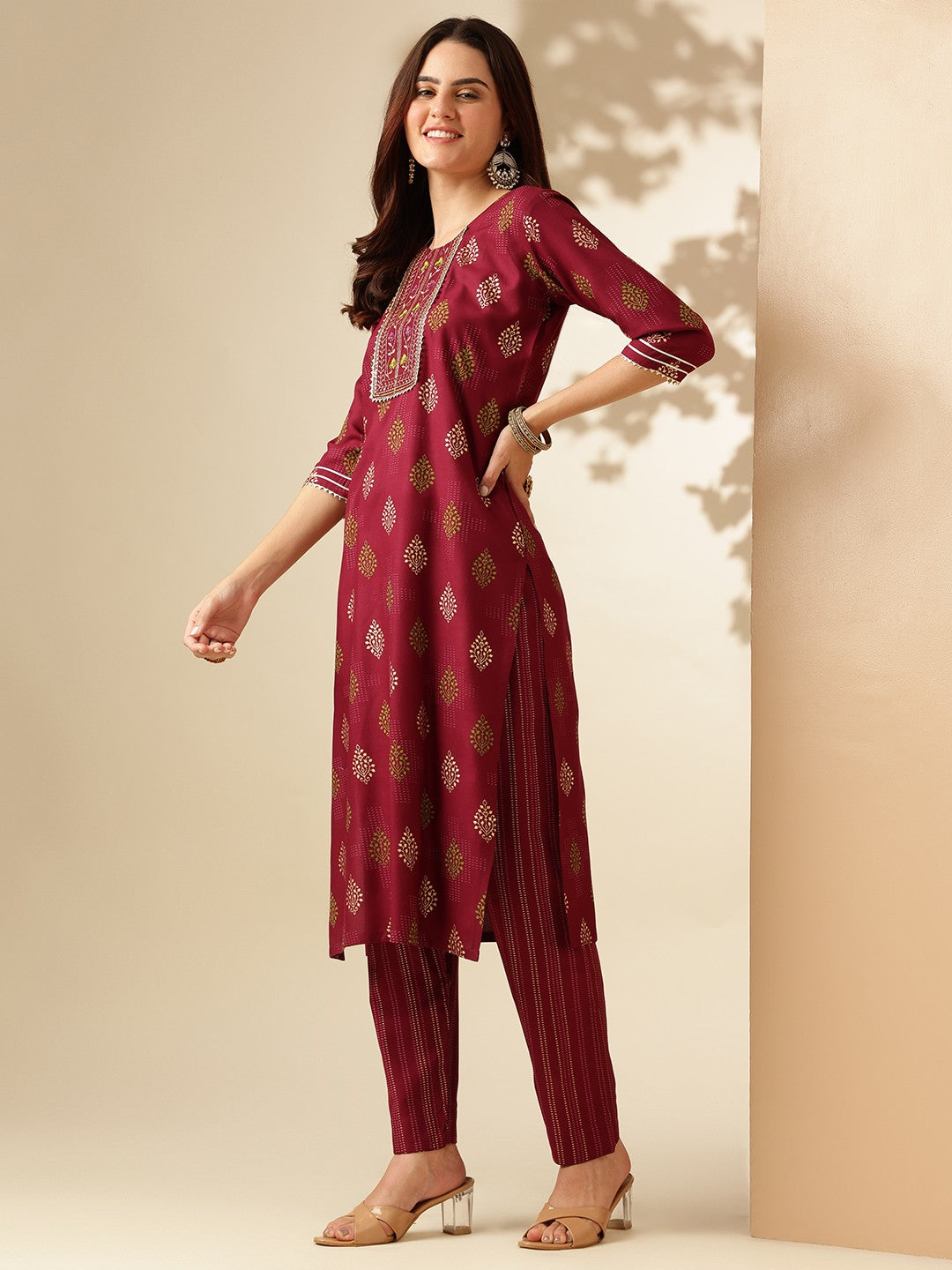 Embroidered Purple Rayon Kurta Pant Sets For Women