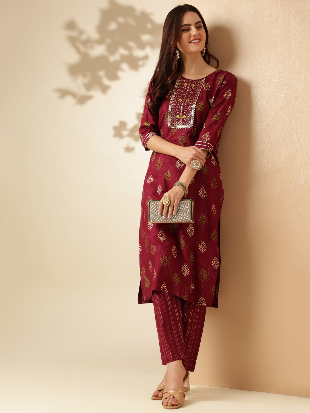 Embroidered Purple Rayon Kurta Pant Sets For Women