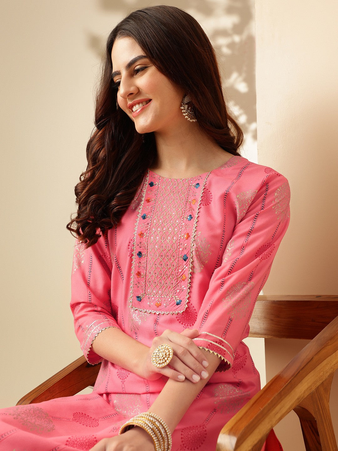 Embroidered Pink Rayon Kurta Sets For Women