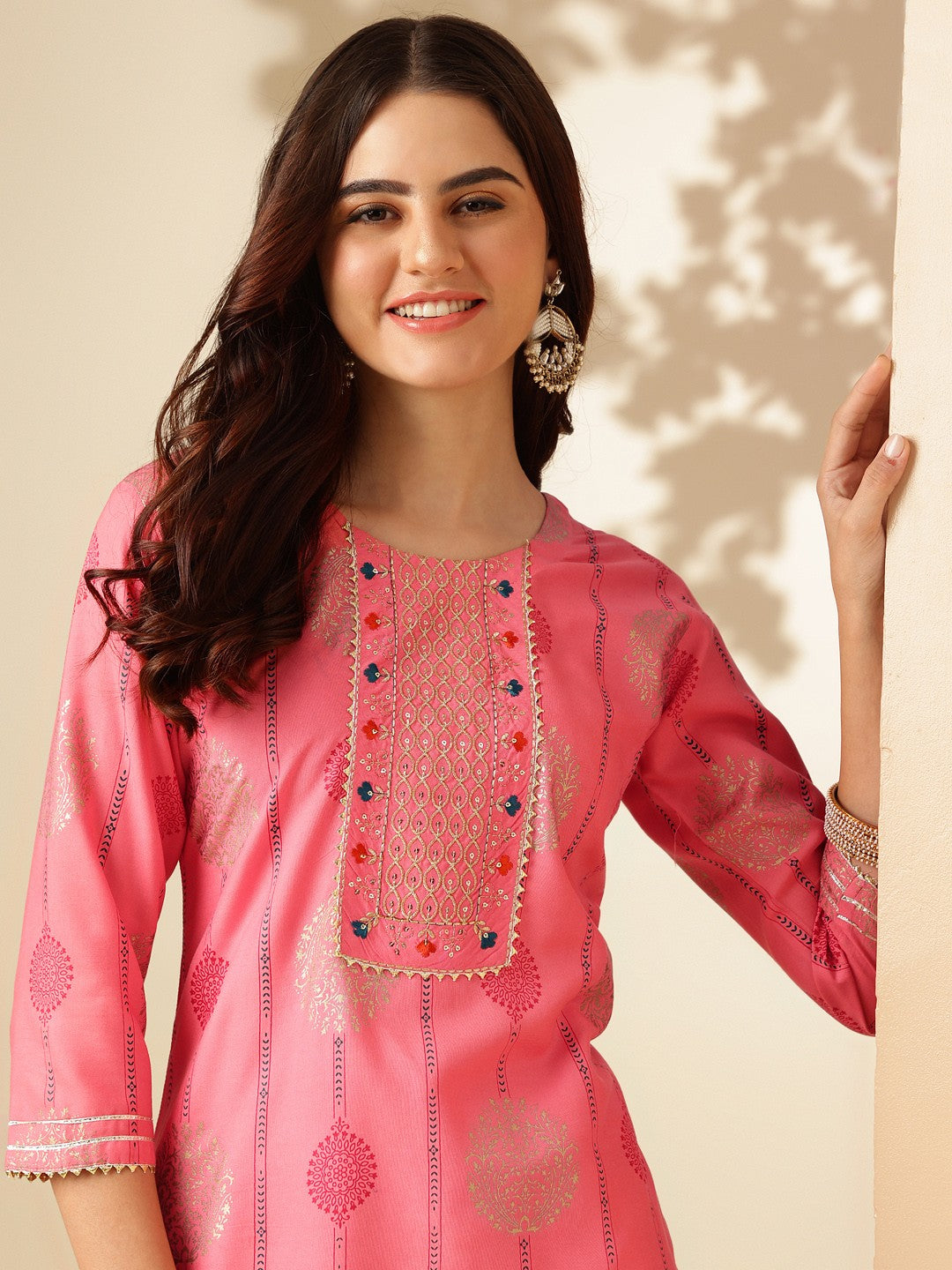 Embroidered Pink Rayon Kurta Sets For Women