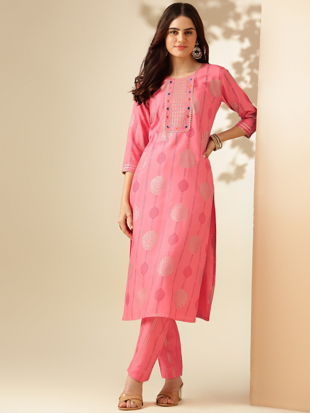 Embroidered Pink Rayon Kurta Sets For Women