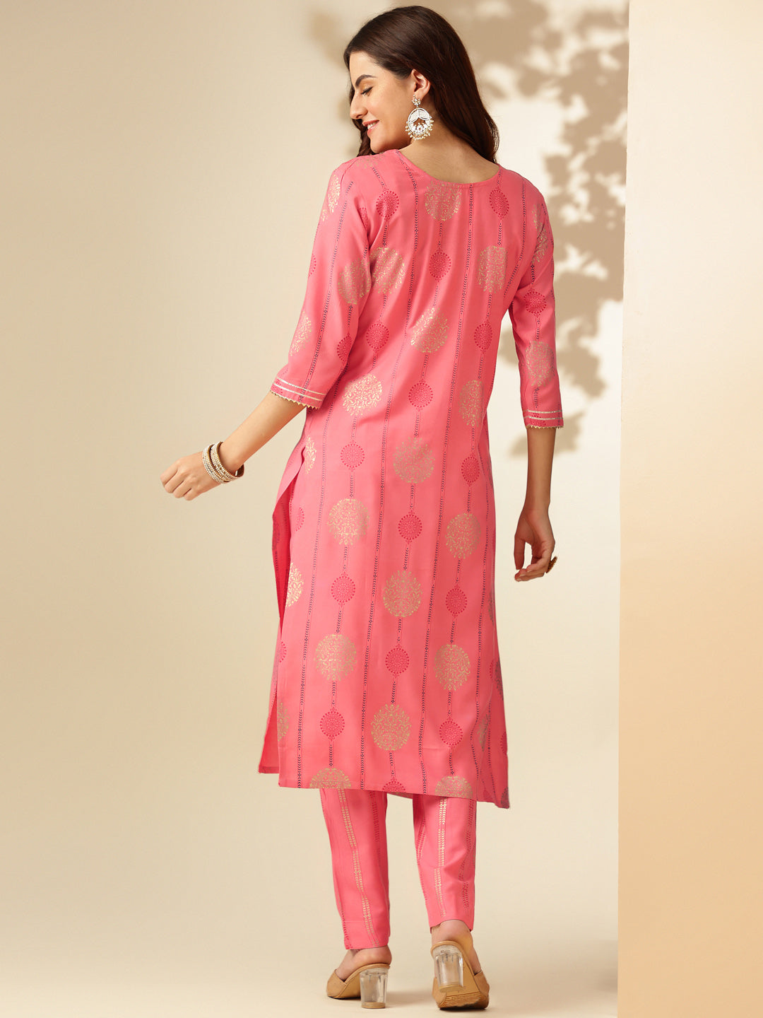 Embroidered Pink Rayon Kurta Sets For Women