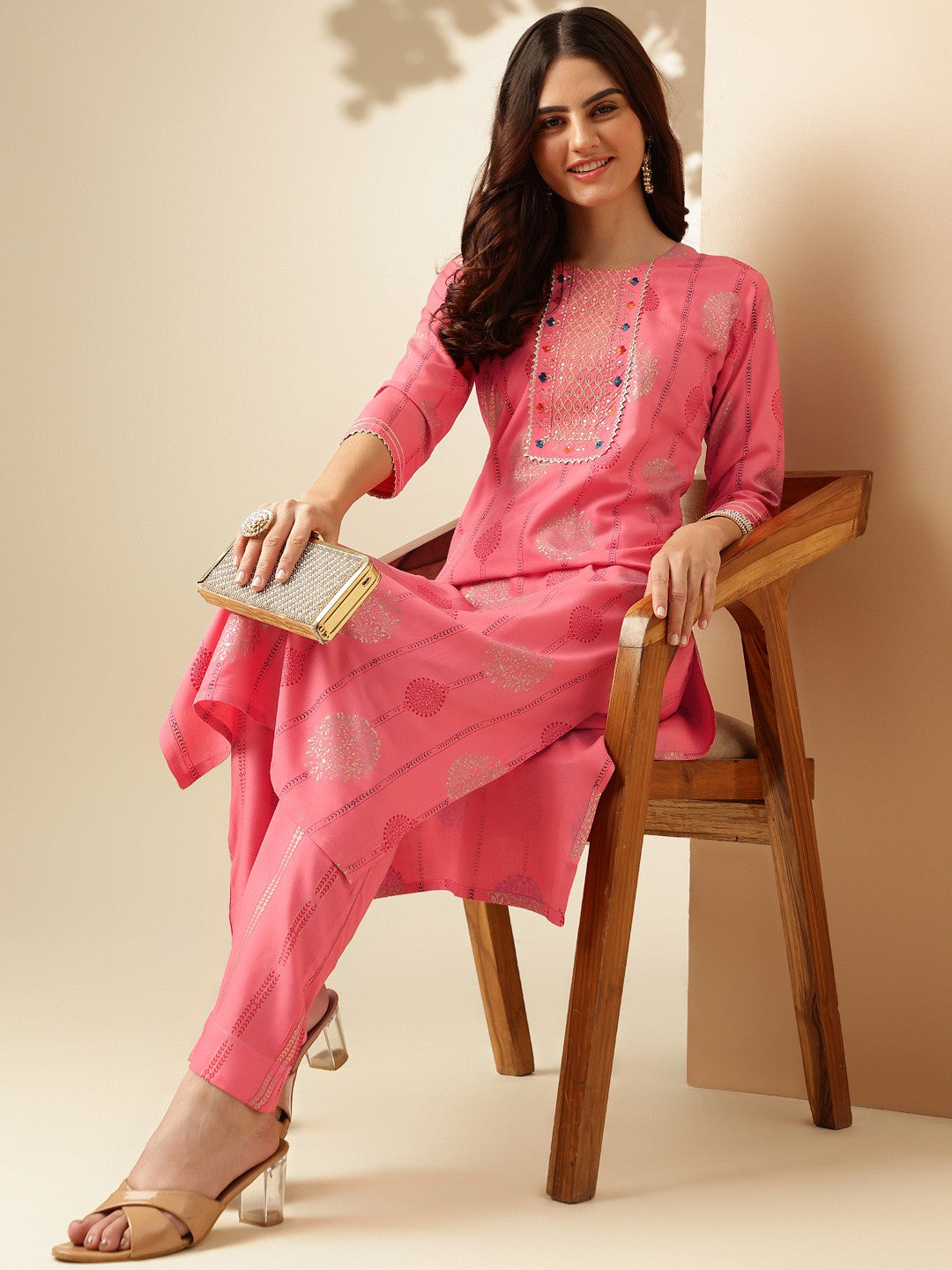 Embroidered Pink Rayon Kurta Sets For Women