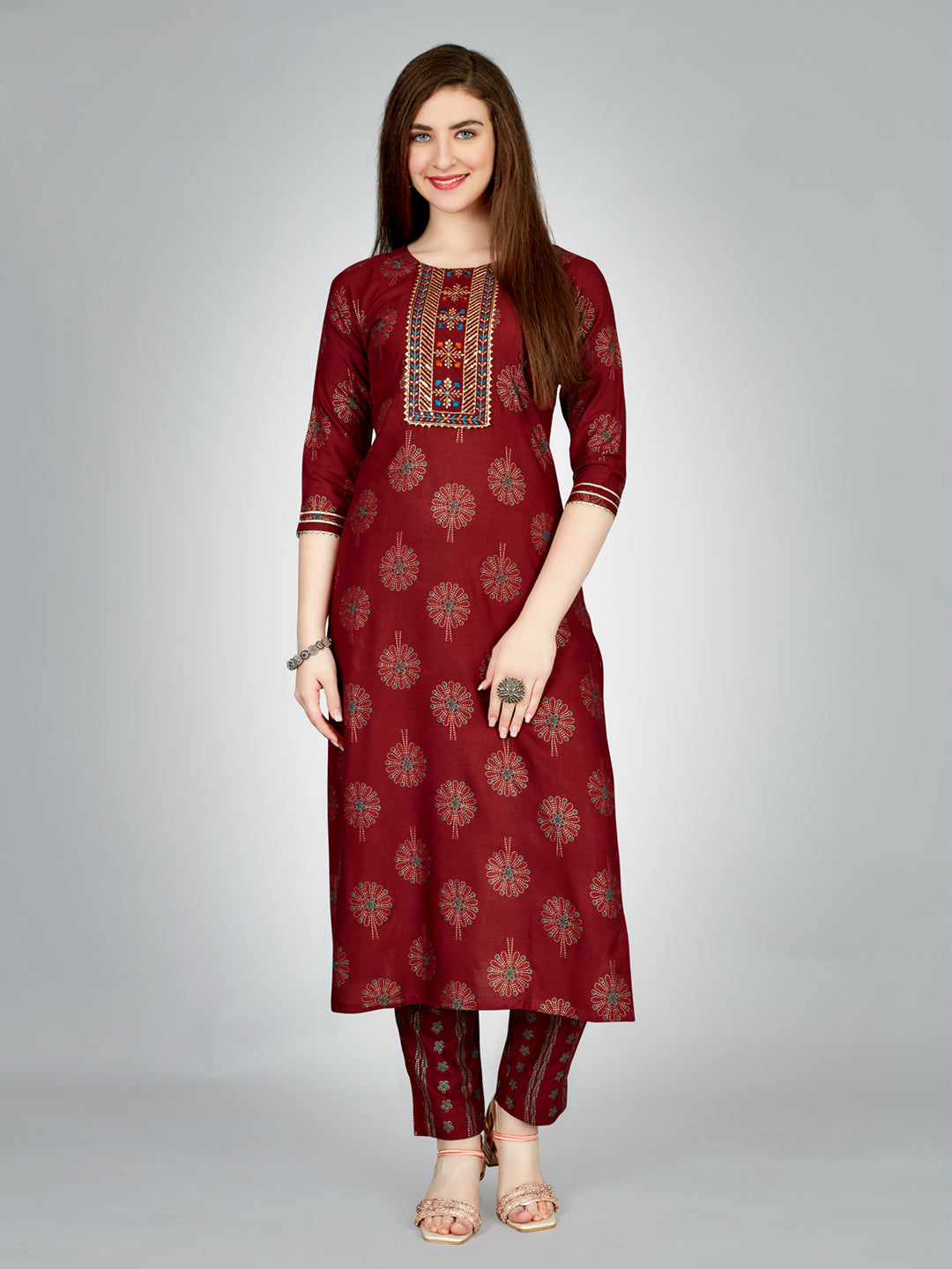 Embroidered Maroon Rayon Kurta Sets For Women