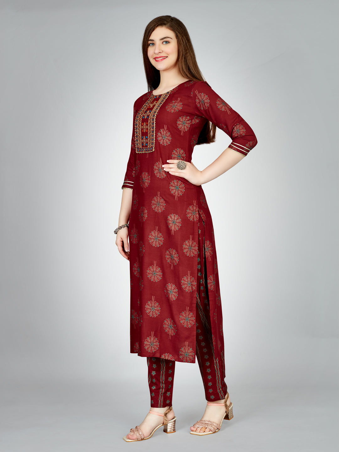 Embroidered Maroon Rayon Kurta Sets For Women