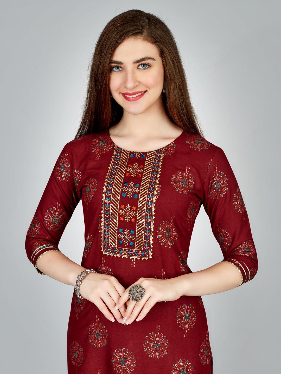 Embroidered Maroon Rayon Kurta Sets For Women