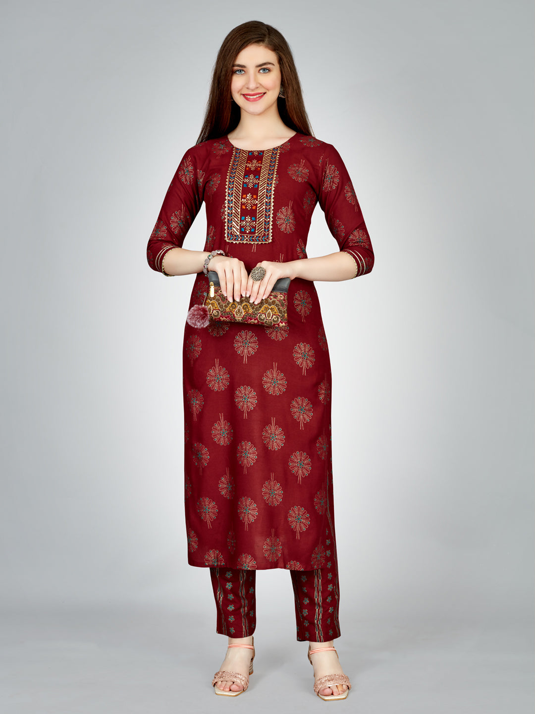 Embroidered Maroon Rayon Kurta Sets For Women