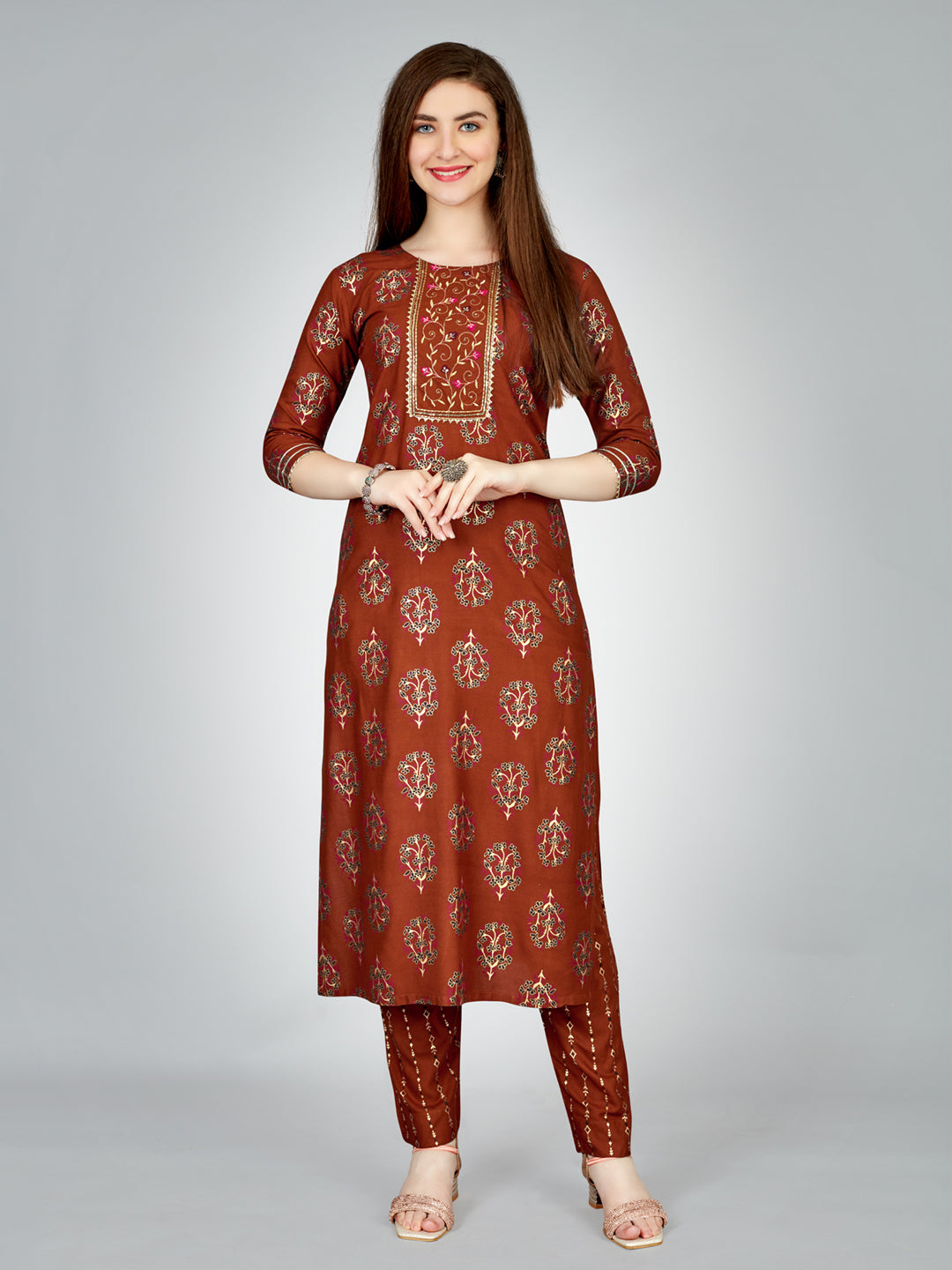 Embroidered Rust Rayon Kurta Pant Sets For Women