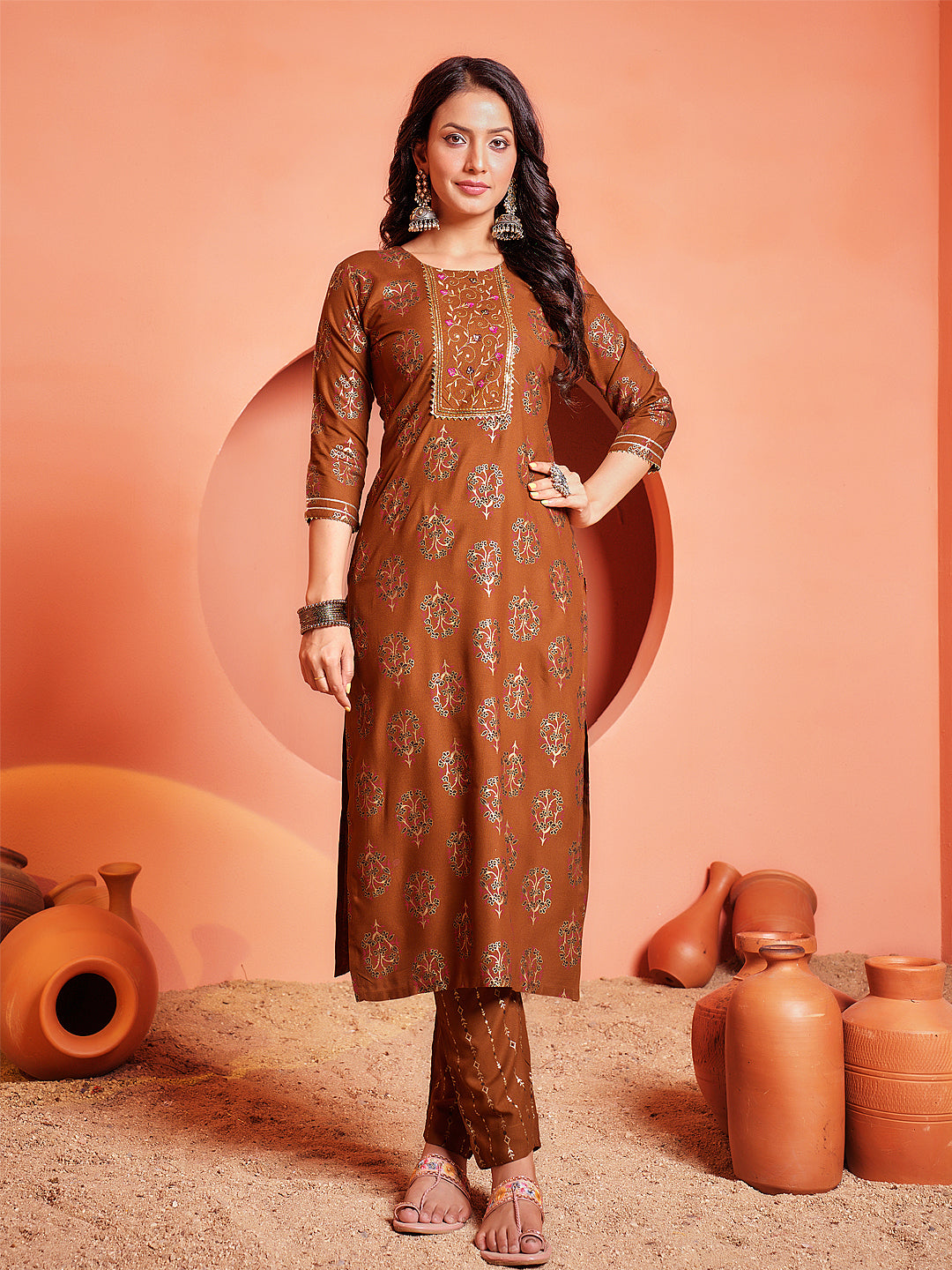 Embroidered Rust Rayon Kurta Sets For Women