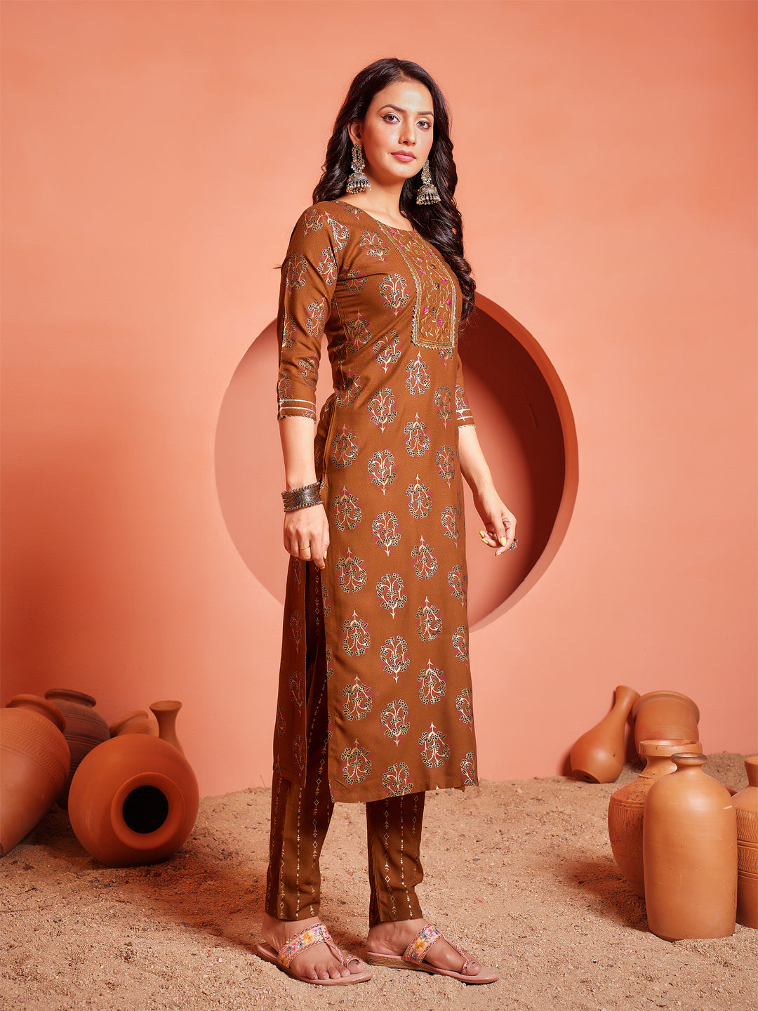 Embroidered Rust Rayon Kurta Sets For Women