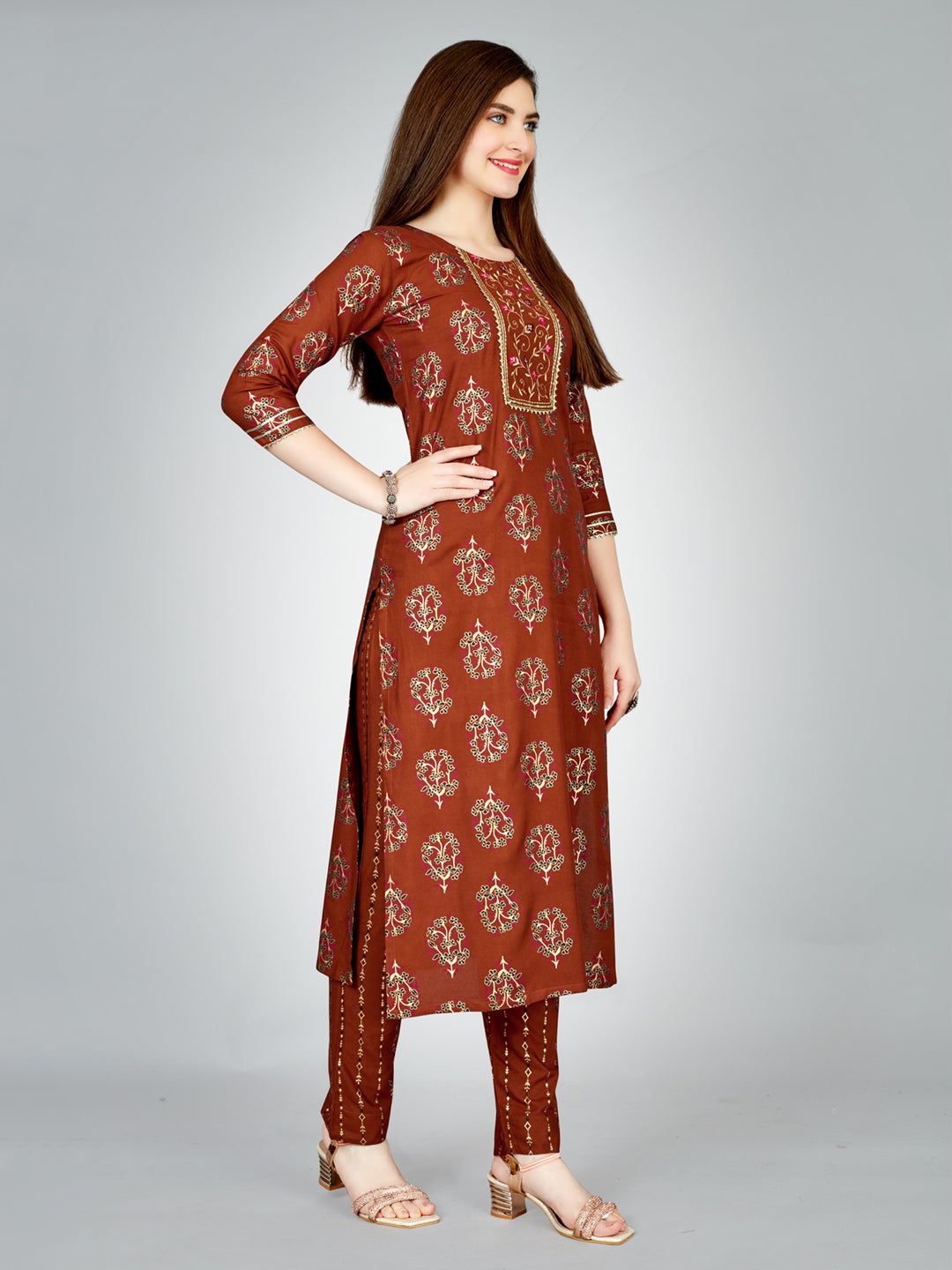 Embroidered Rust Rayon Kurta Pant Sets For Women