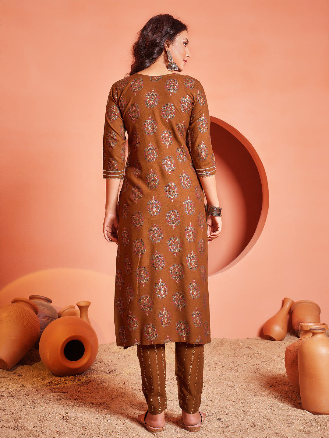 Embroidered Rust Rayon Kurta Sets For Women