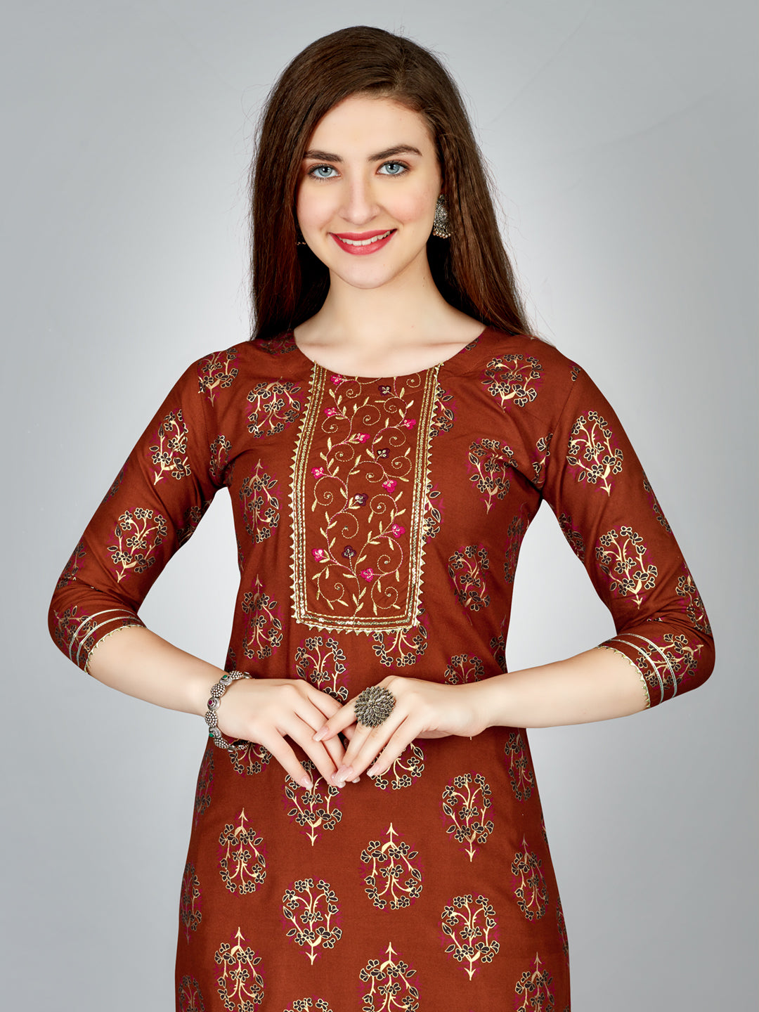 Embroidered Rust Rayon Kurta Pant Sets For Women