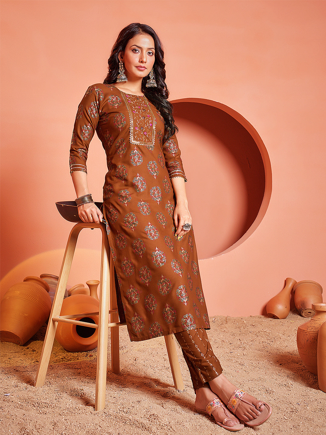 Embroidered Rust Rayon Kurta Sets For Women