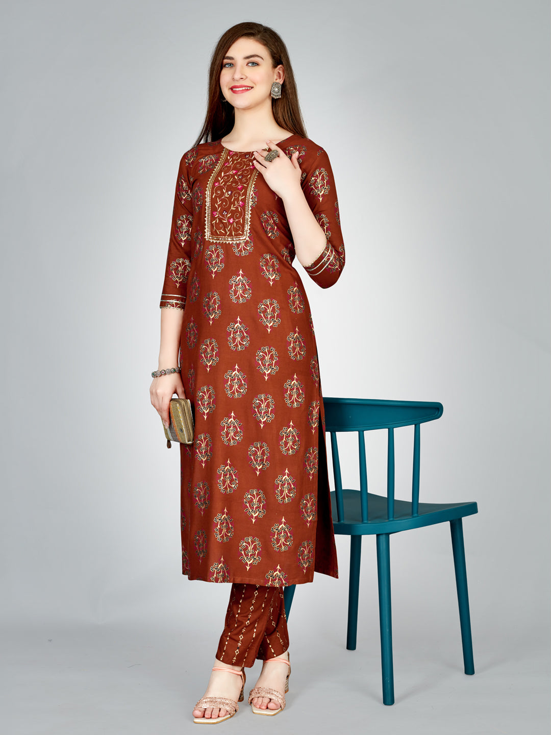 Embroidered Rust Rayon Kurta Pant Sets For Women