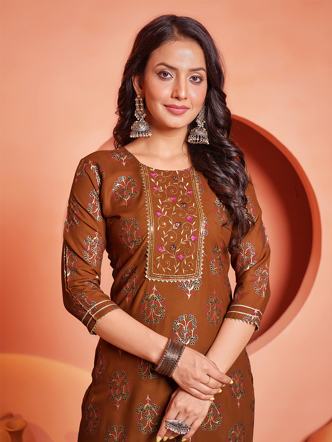 Embroidered Rust Rayon Kurta Sets For Women