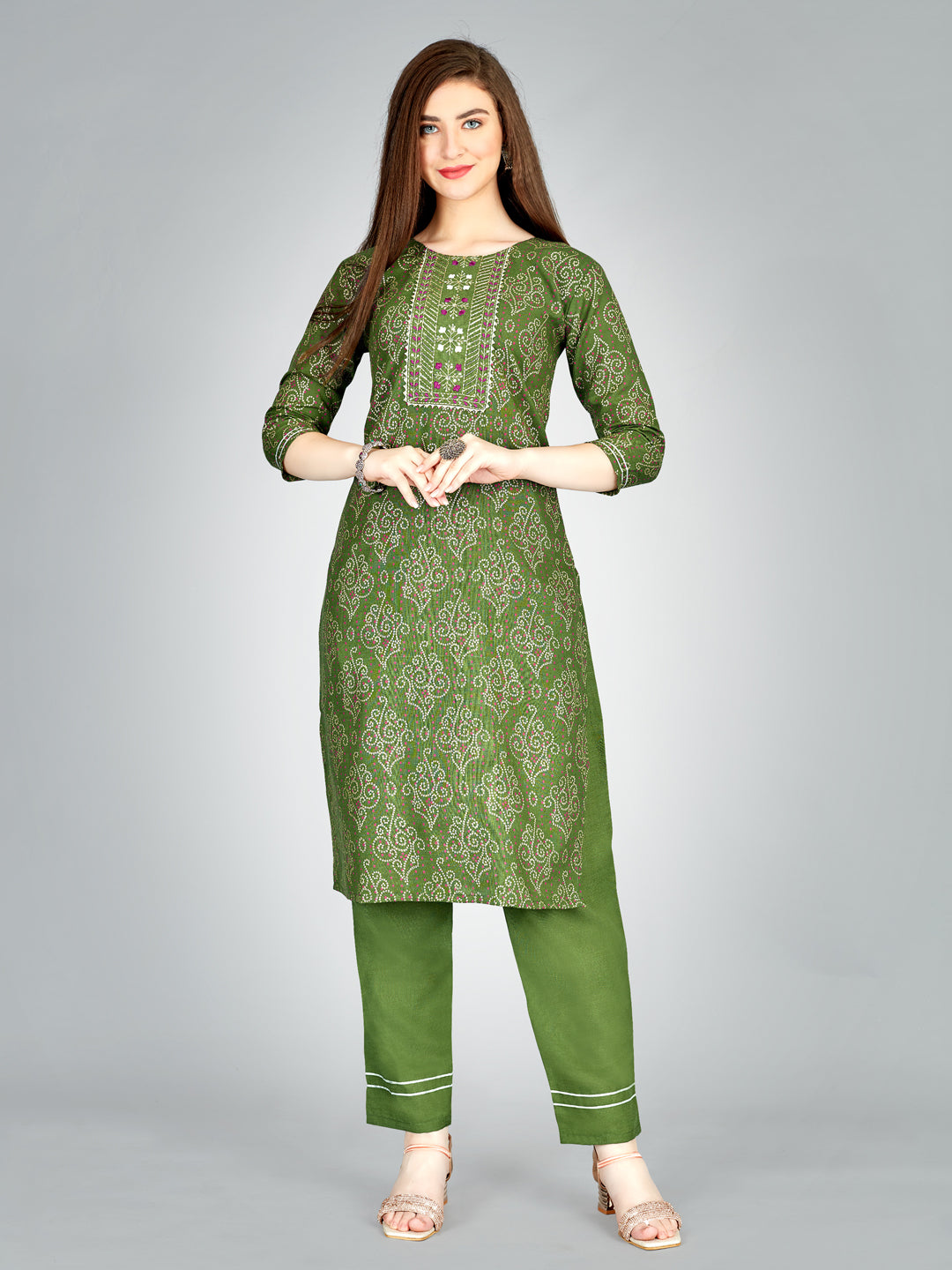 Embroidered Mehendi Green Kurta Sets For Women