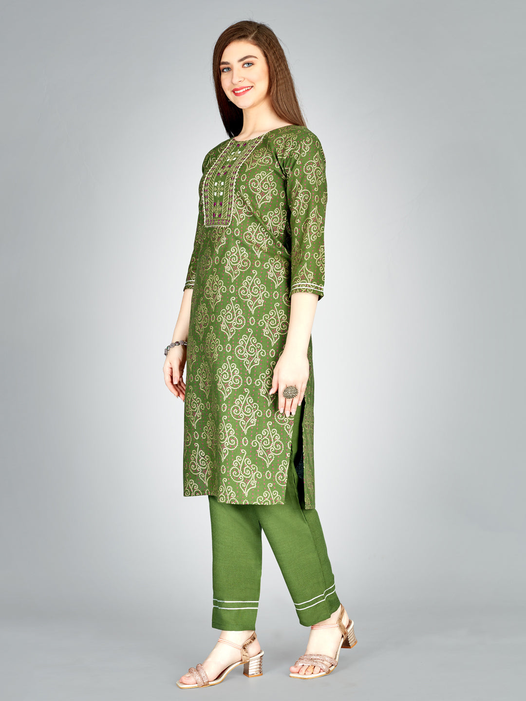 Embroidered Mehendi Green Kurta Sets For Women