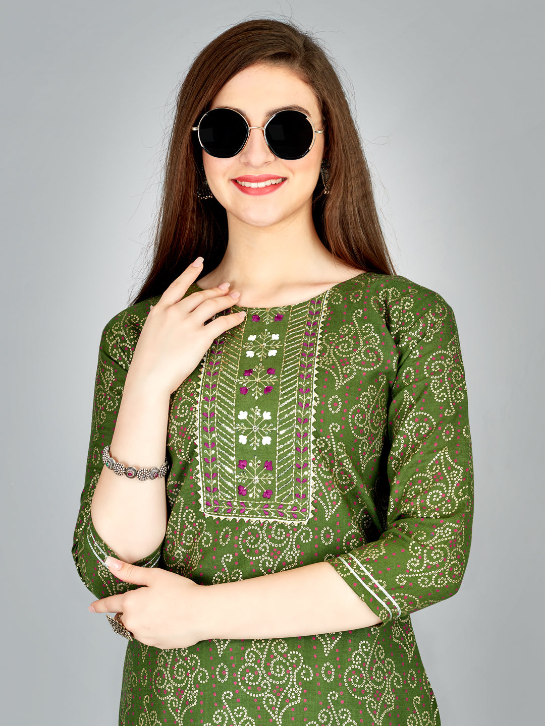 Embroidered Mehendi Green Kurta Sets For Women