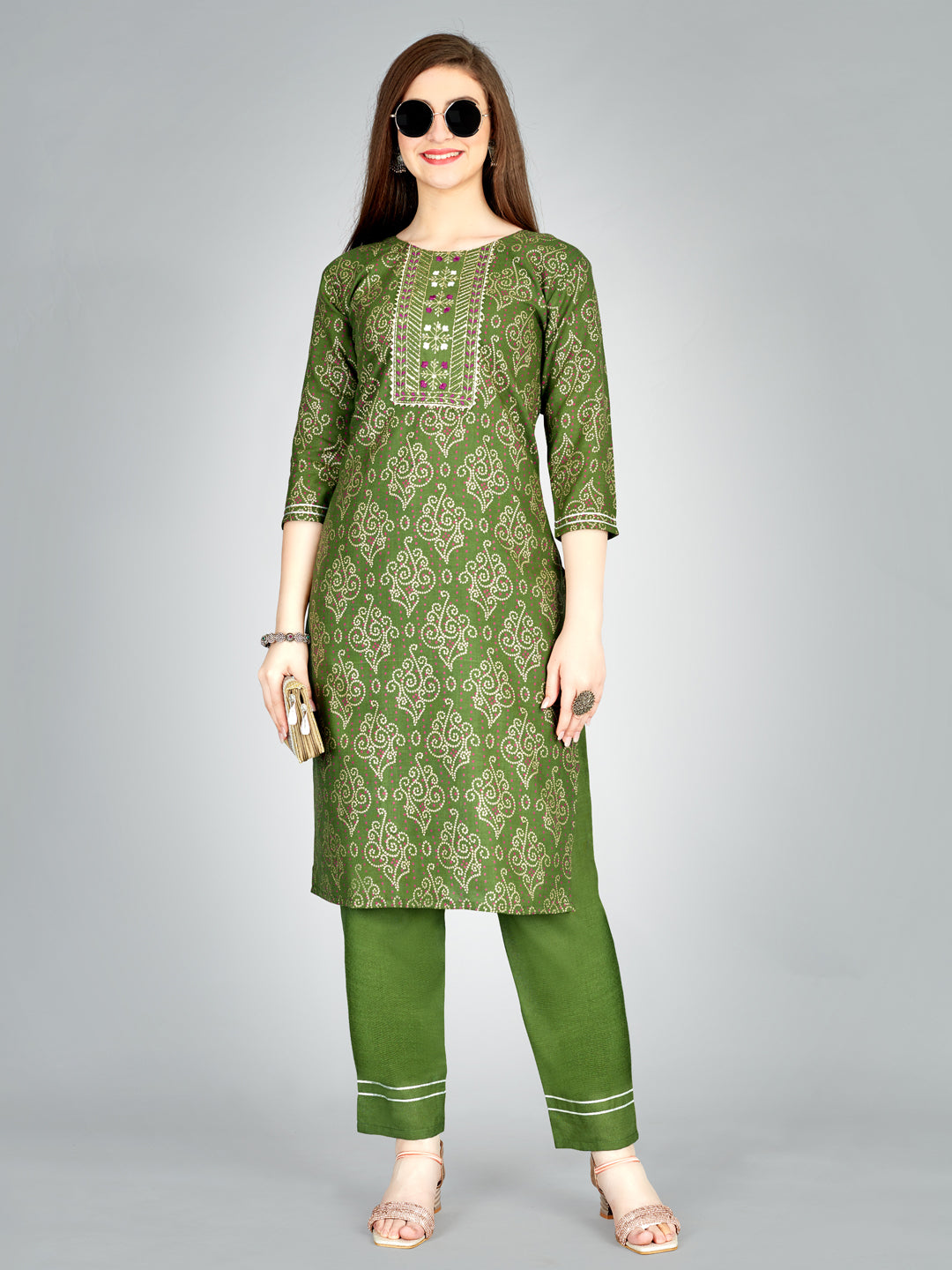 Embroidered Mehendi Green Kurta Sets For Women