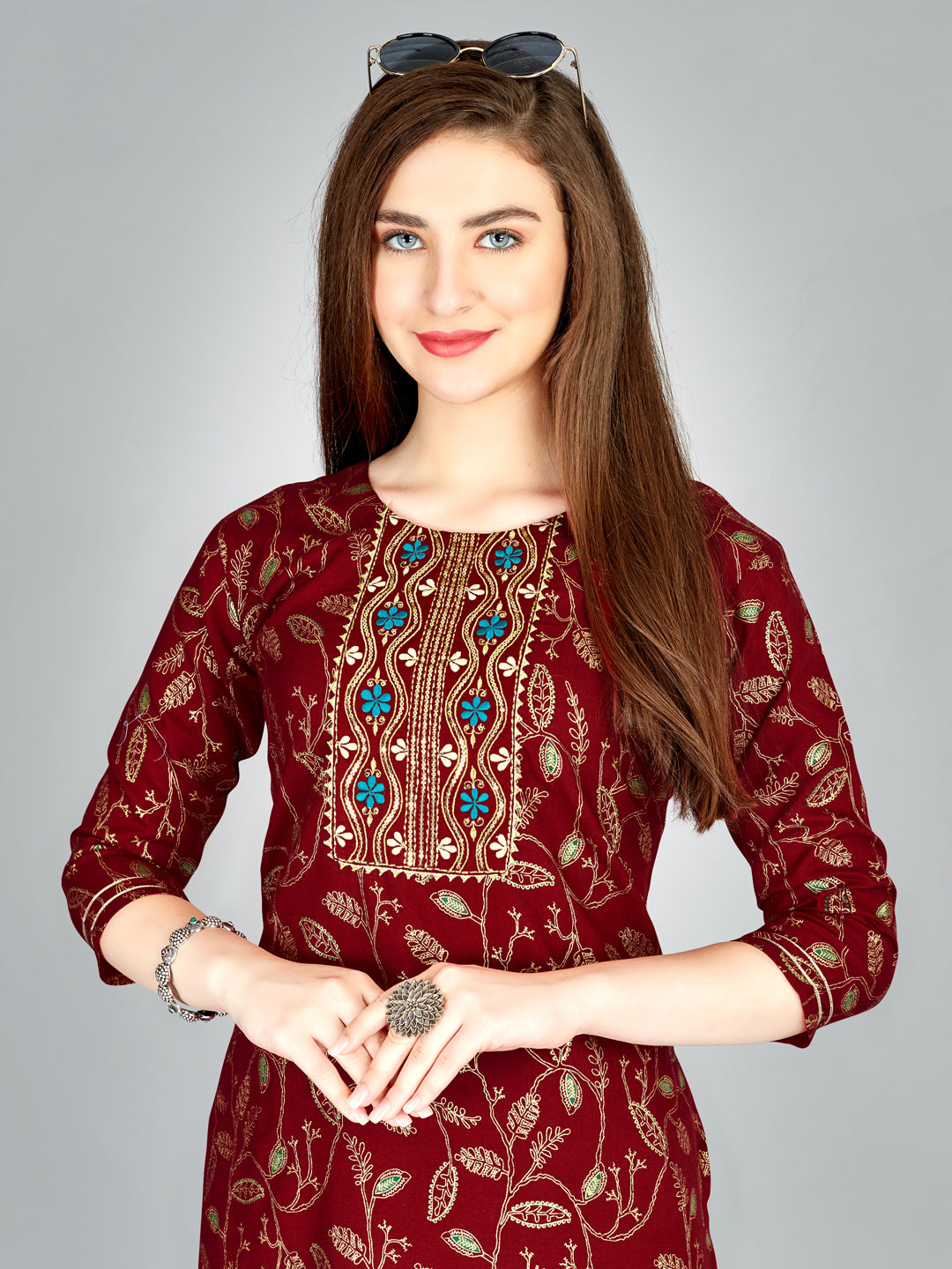 Embroidered Maroon Cotton Kurta Sets For Women