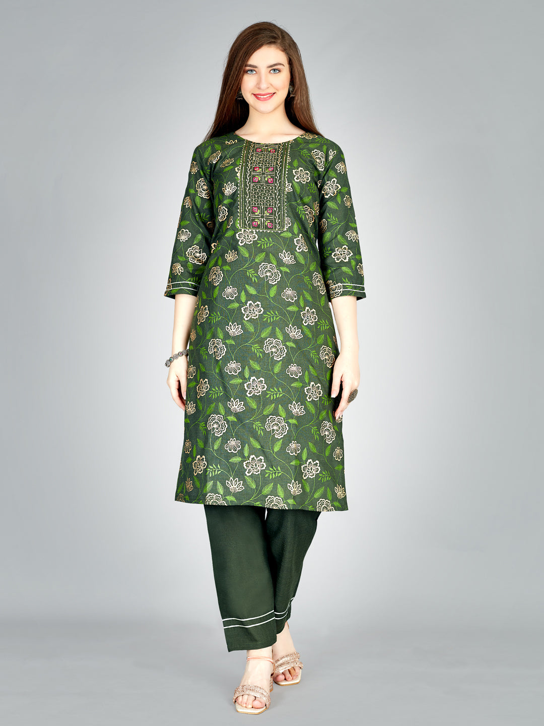 Embroidered Dark Green Cotton Kurta Sets For Women