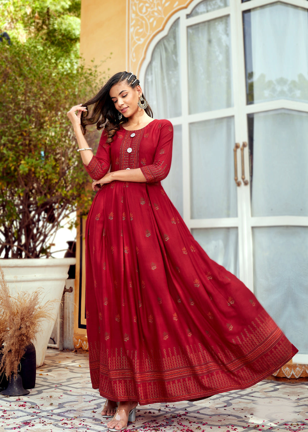 Maroon Rayon Foil Printed Anarkali Suit For Women