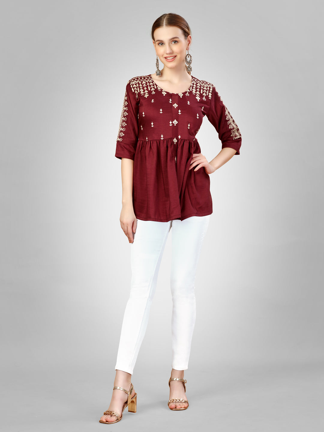 Embroidered Silk Rust Short Kurti For Women