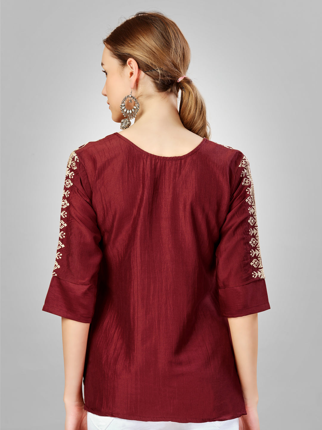 Embroidered Silk Rust Short Kurti For Women