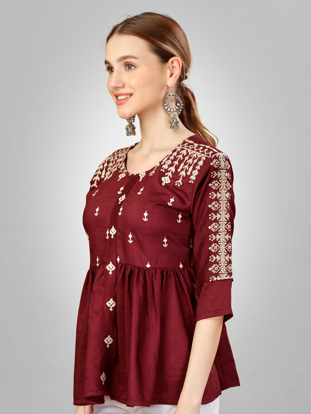 Embroidered Silk Rust Short Kurti For Women