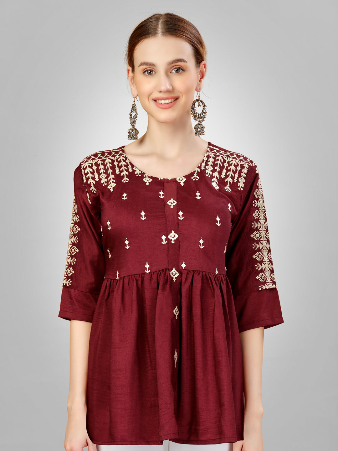 Embroidered Silk Rust Short Kurti For Women