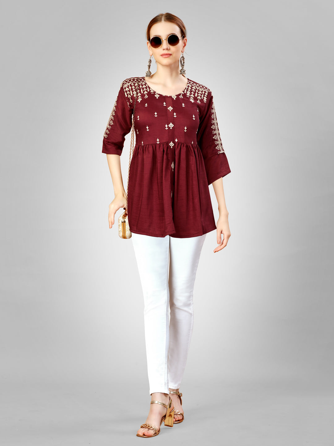 Embroidered Silk Rust Short Kurti For Women