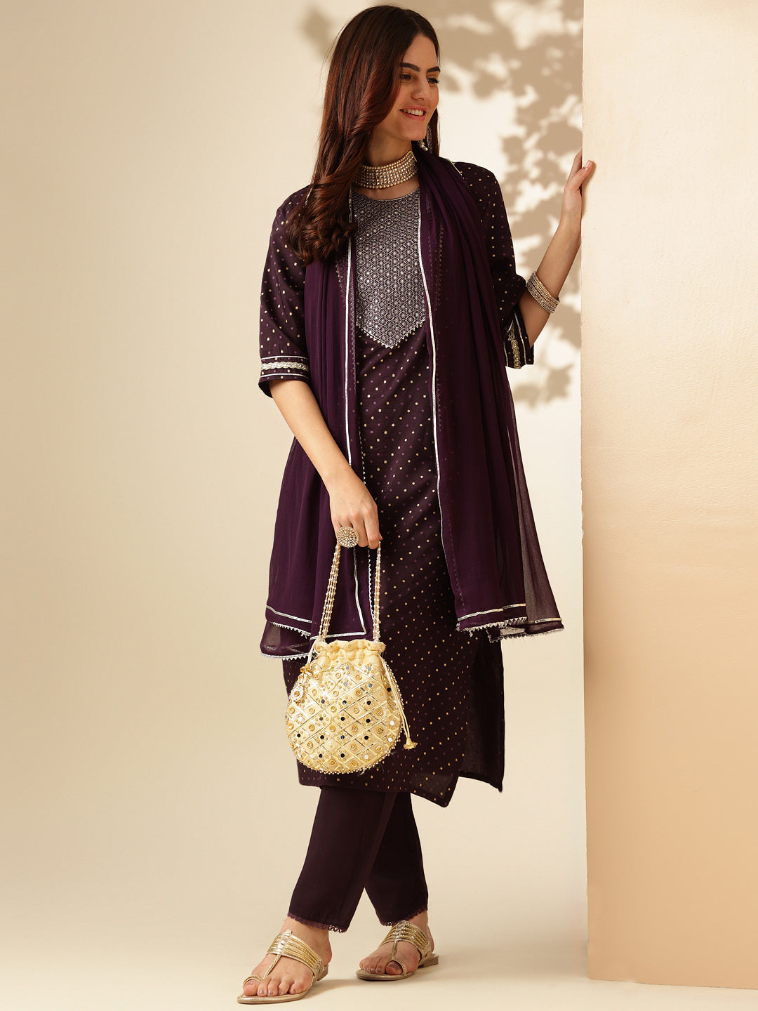 Embroidered Purple Silk Kurti Pant Set with Dupatta for Women