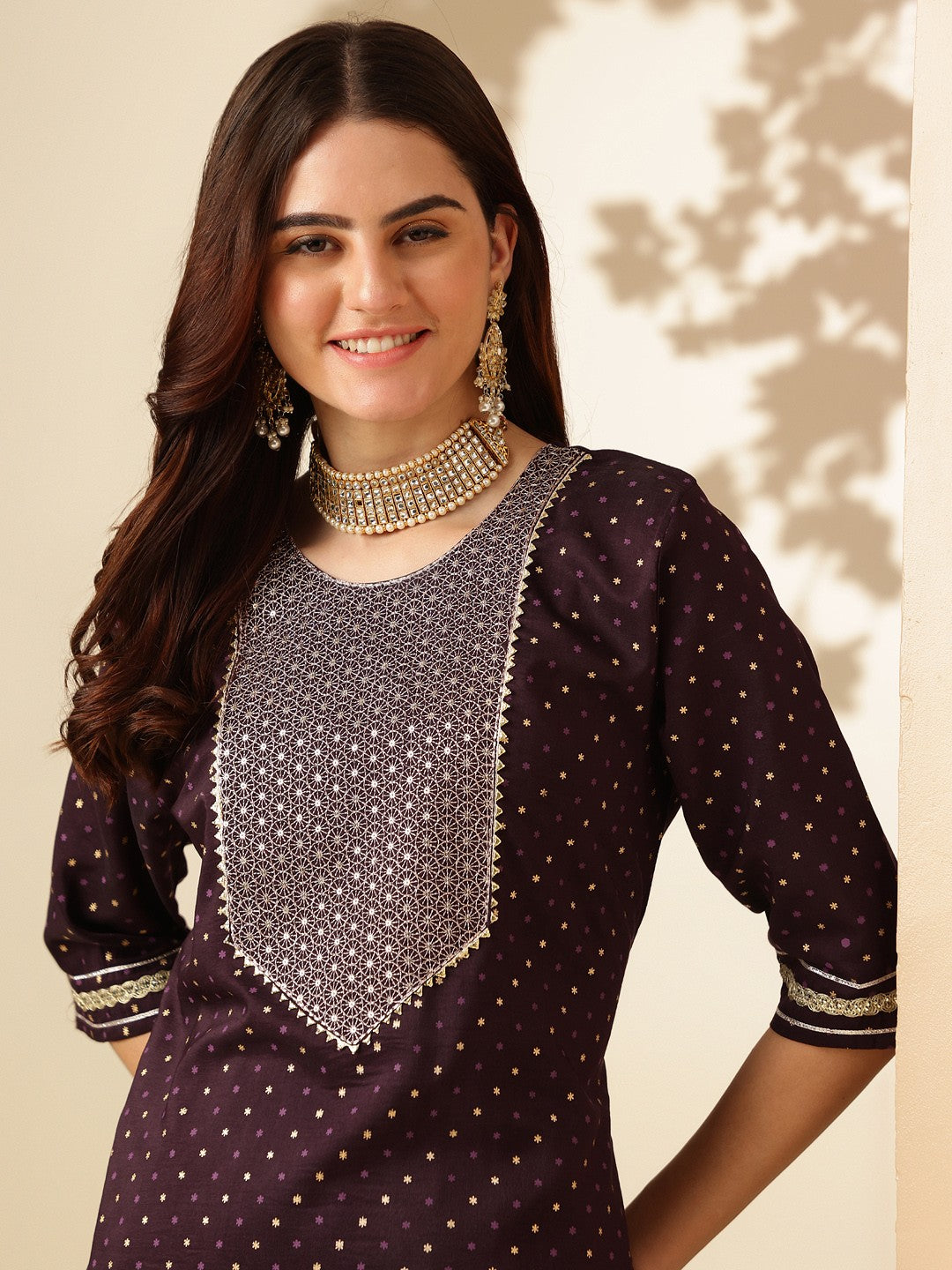 Embroidered Purple Silk Kurti Pant Set with Dupatta for Women