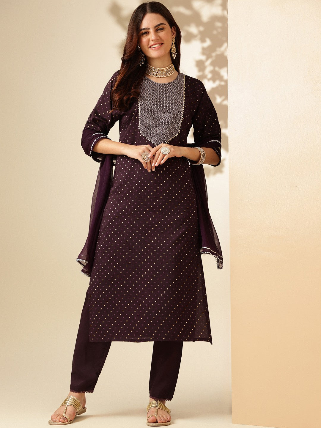 Embroidered Purple Silk Kurti Pant Set with Dupatta for Women