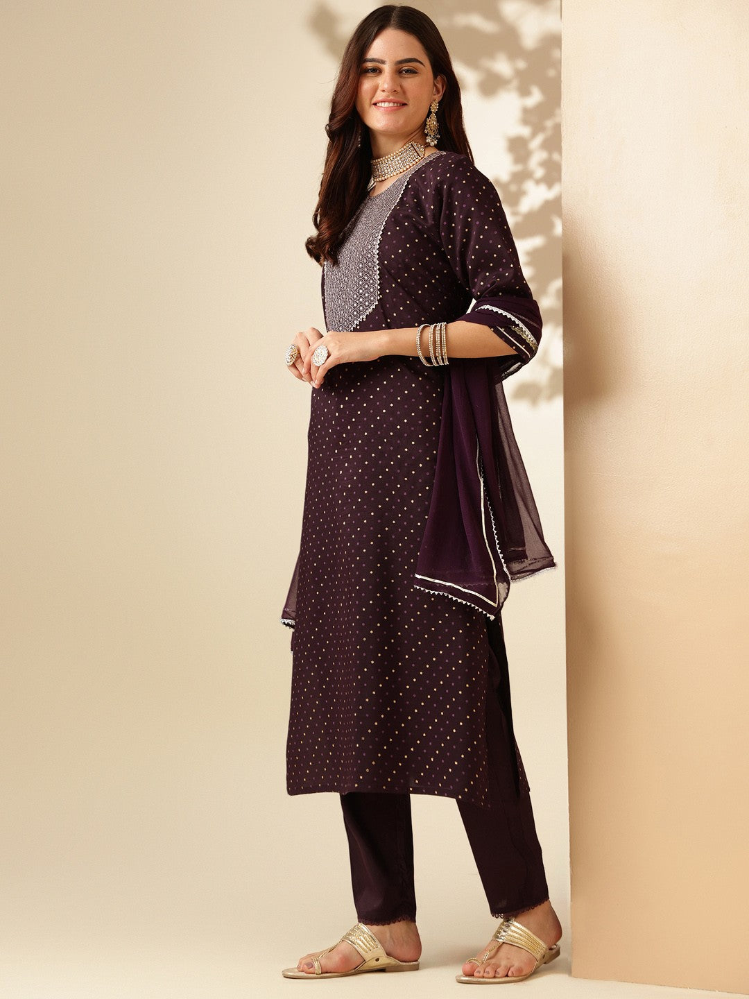 Embroidered Purple Silk Kurti Pant Set with Dupatta for Women