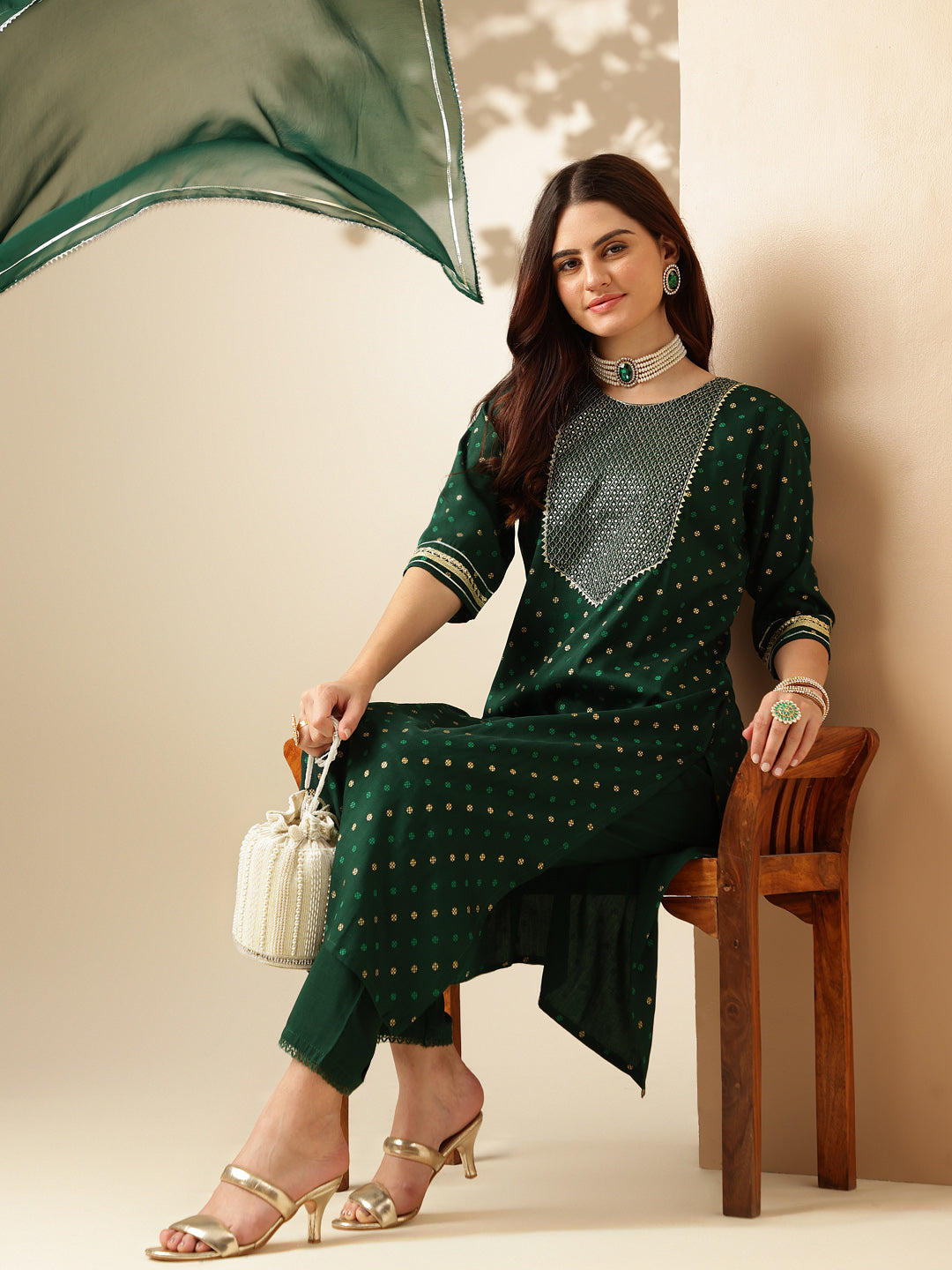 Embroidered Dark Green Silk Kurti Pant Set with Dupatta for Women