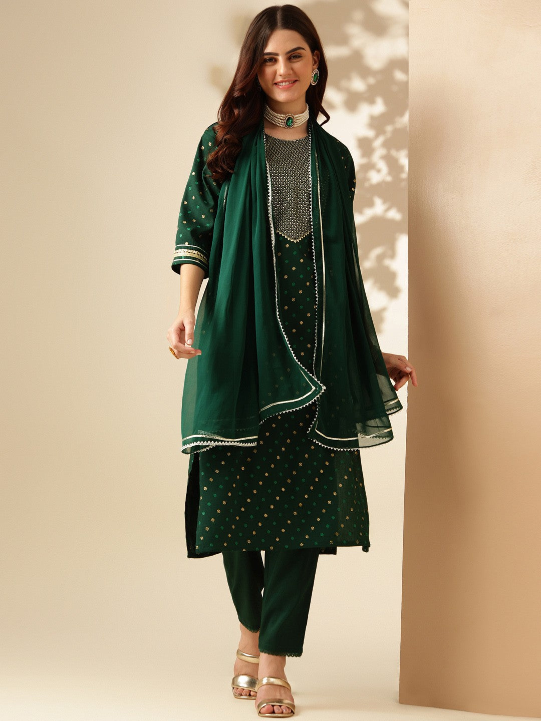 Embroidered Dark Green Silk Kurti Pant Set with Dupatta for Women