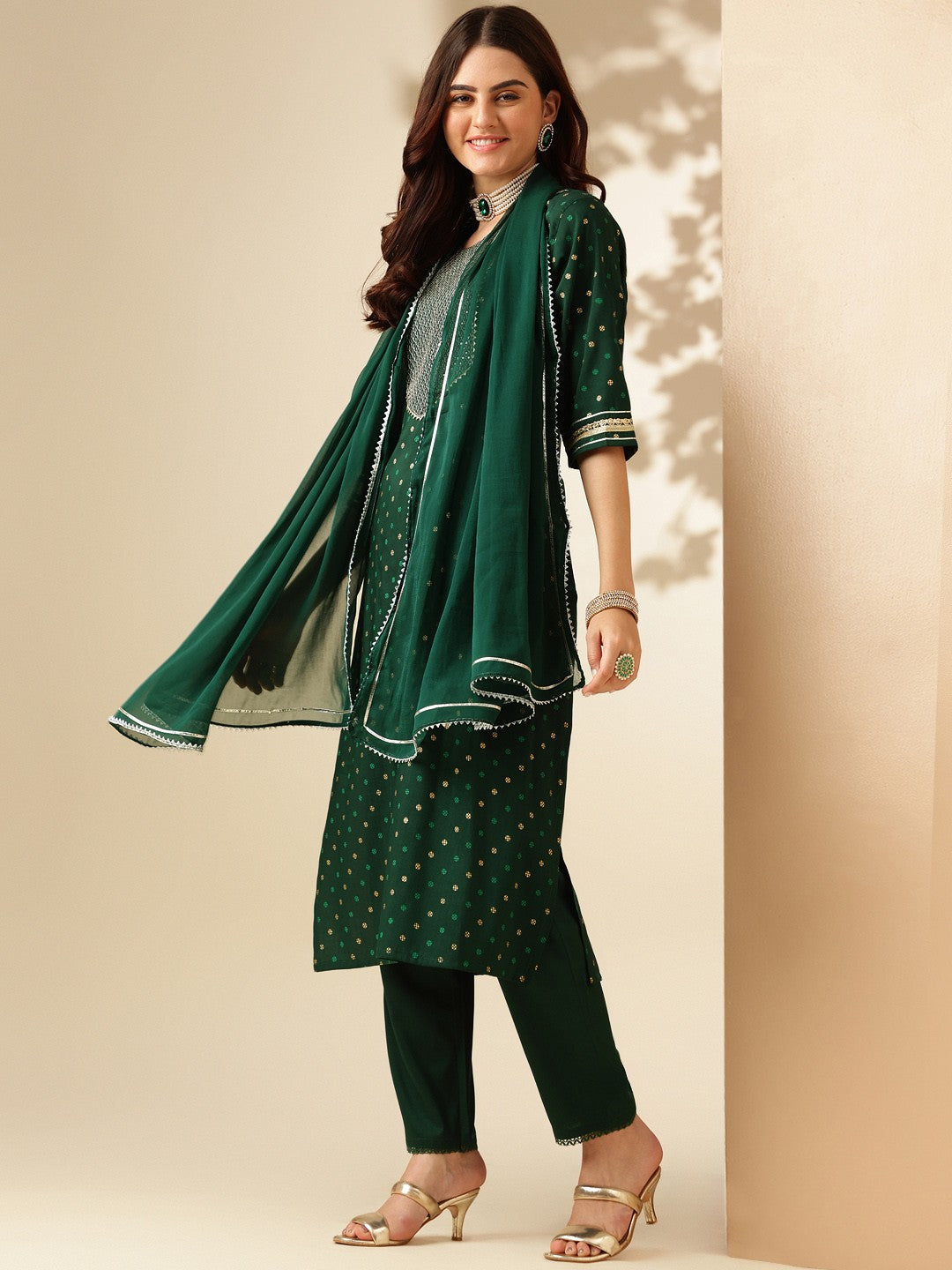 Embroidered Dark Green Silk Kurti Pant Set with Dupatta for Women