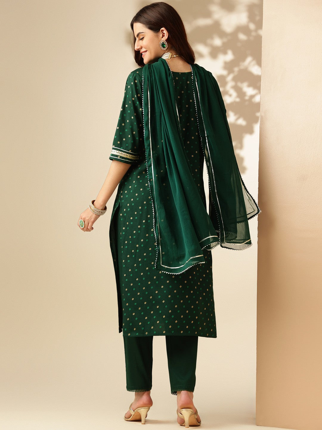 Embroidered Dark Green Silk Kurti Pant Set with Dupatta for Women